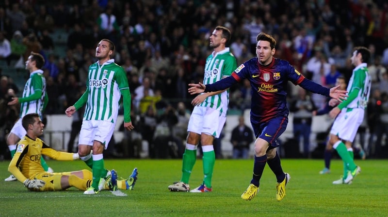 Lionel Messi celebrating after his record-equalling opener for Barca