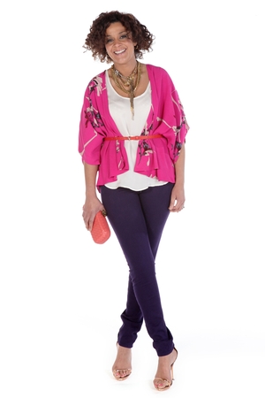 Pink floral waterfall top French Connection €140, Ivory racer back top Ghost at Arnotts €65, Purple skinny jeans French Connection €90, Rose gold strappy heel Buffalo at Arnotts €140, Gold hoop earrings Jubi at Arnotts €65, Gold rope plait high neck chain
