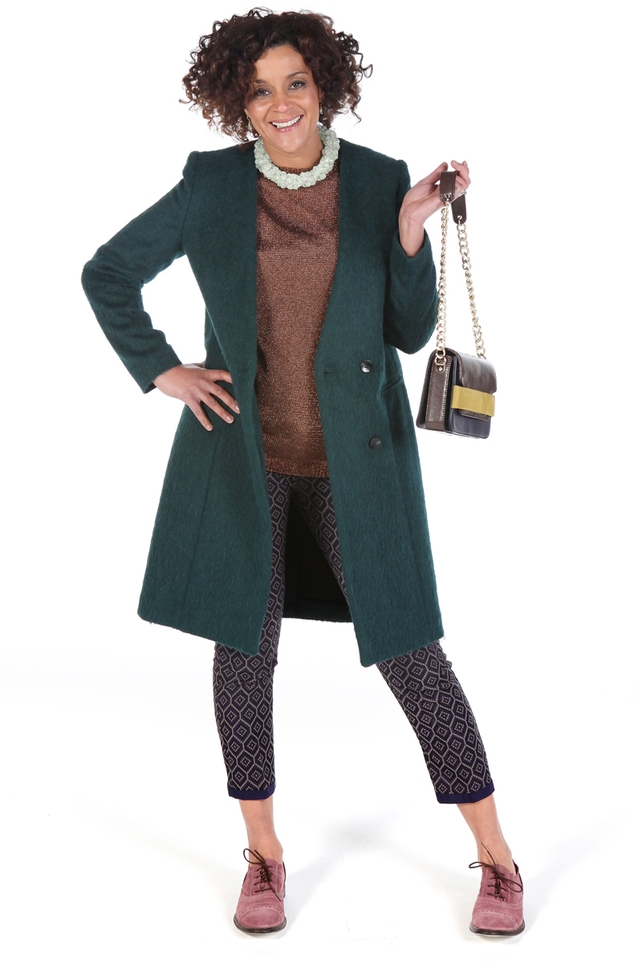 Evergreen cocoon coat H&M €99, Bronze sparkly sleeveless top H&M €39.95, Gold and black lace (worn underneath top 1) Guess at Arnotts €69, Navy textured print cigarette pant H&M €49.95, Purple suede brogue Buffalo at Arnotts €150, Brown leather/Navy suede