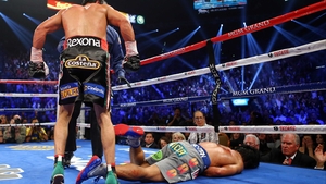 Manny Pacquiao is knocked out in the sixth round of his fight with Juan Manuel Marquez