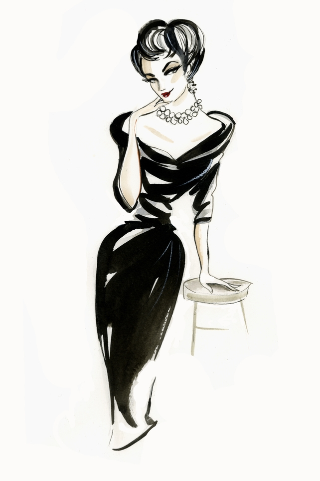 Jean Byrne as Liz Taylor. Black bow front dress from Badgley Mischka at Arnotts €445, Pearl Necklace from Newbridge Silverware €95, Metalic strap shoes from Debenhams €70