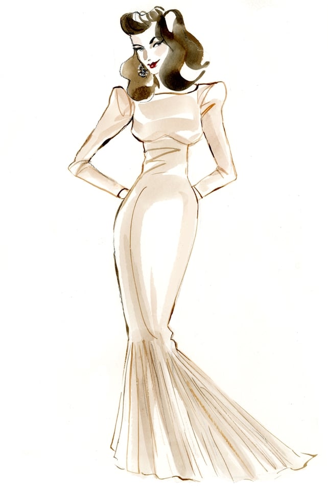 Siobhan Ryan as Lauren Bacall. Nude Sleeved Dress from Ghost at Arnotts €255, Vintage Silver Bracelet at Jenny Vander €160, Gold embellished sandals from Faith at Debenhams €91