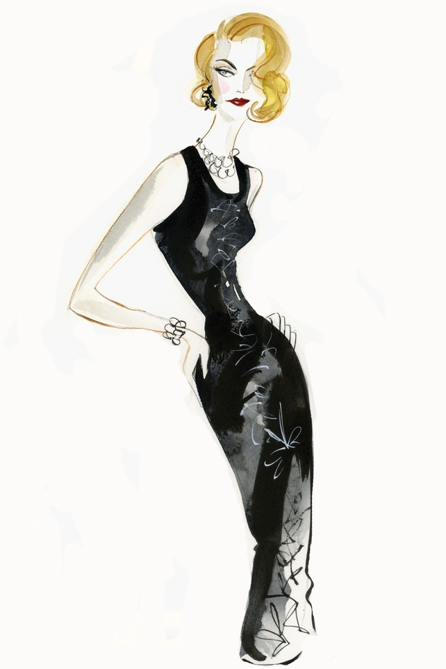 Nuala Carey as Grace Kelly. Black taffeta dress with embellishment from Dirty Fabulous €280,	Three tier pearl necklace from Newbridge Silverware €165, Silver stud earings from Newbridge Silverware €28, Black Patent Leather shoes from Kurt Keiger at Arnott