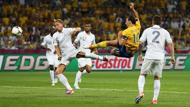 Zlatan Ibrahimovic scores the opening goal for Sweden against France
