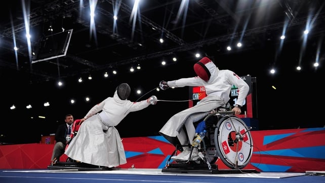 Sam Chik Tam of Hong Kong fences during his men's epee category B quarter-final match