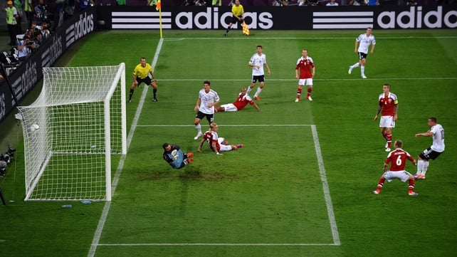 Germany take the lead against Denmark in Lviv thanks to a Lukas Podolski goal