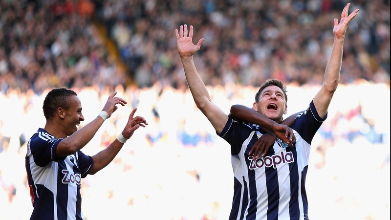 Zoltan Gera (R) celebrates a goal against QPR earlier in the season