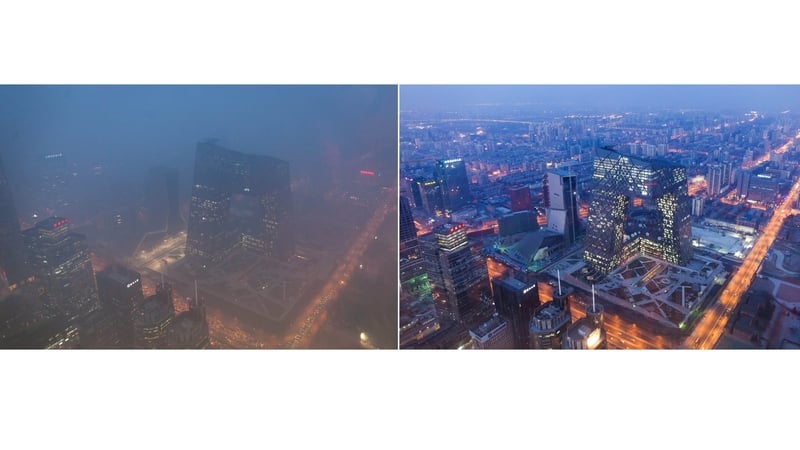This combination of photos shows (L) the Beijing skyline during severe pollution today, and the same view (R) taken during clear weather on 4 February, 2012