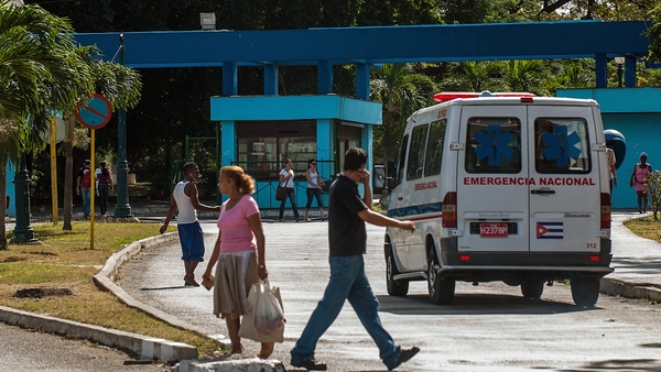 An ambulance arrives at a hospital in Cerro Municipality, Havana