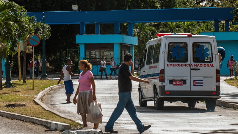 An ambulance arrives at a hospital in Cerro Municipality, Havana