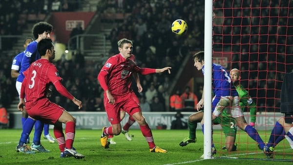 Everton's Leighton Baines heads the ball off the line at St Mary's