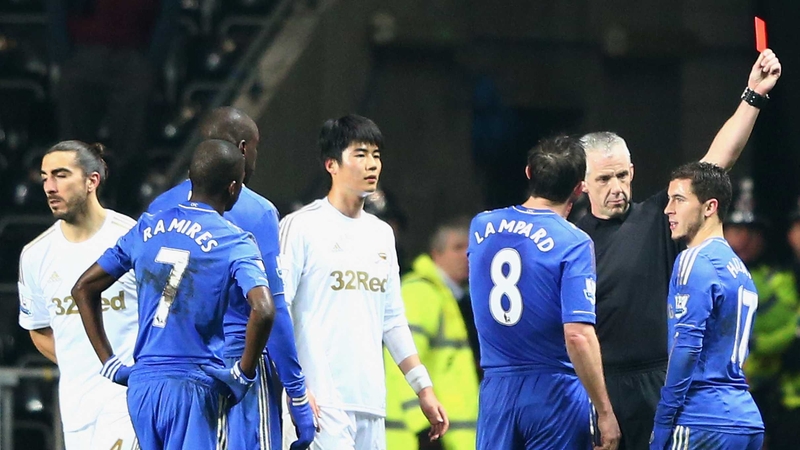 Eden Hazard was shown a red card at the Liberty Stadium