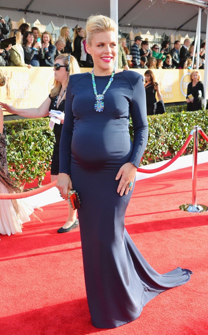 Busy Phillips draped her growing baby bump in a gorgeous Gabriella Cadena gown with statement coral blue necklace