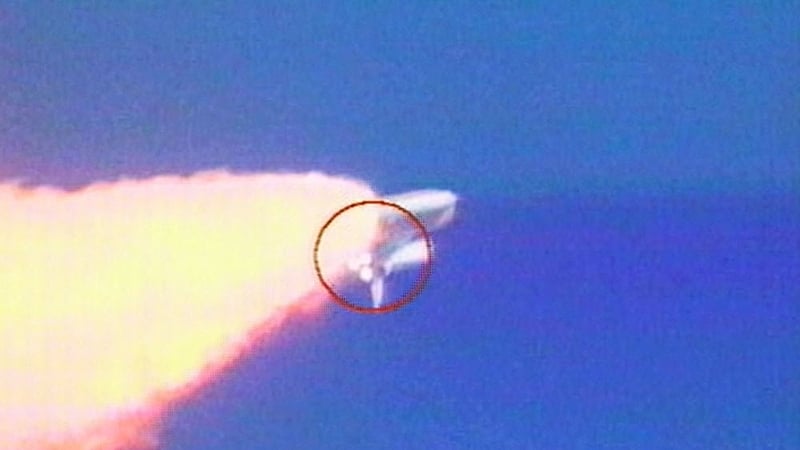 In this image from video, an object is visible falling from the Space Shuttle Columbia during liftoff on 16 January 2003