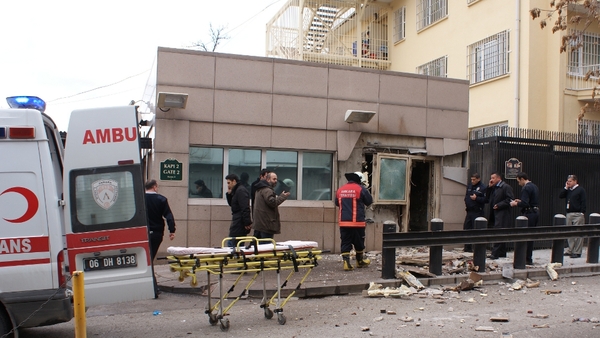 Television footage showed a door blown out and masonry from the wall around it scattered in front of the side entrance