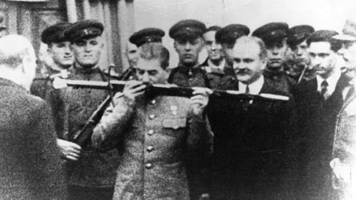 December 1943: British prime minister Winston Churchill presenting premier Joseph Stalin of Russia with the Sword of Stalingrad in acknowledgement of the Russian people's heroic stand