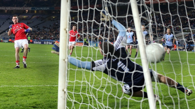 Donncha O'Connor scores a goal for Cork in their National League encounter with Dublin