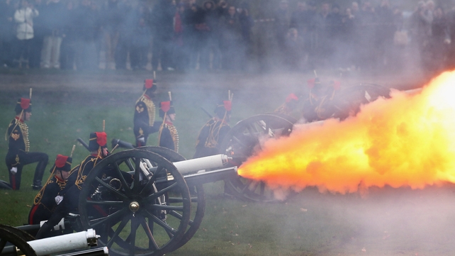 The King's Troop, Royal Horse Artillery fire a 41-gun salute in Green Park in London