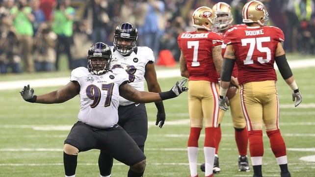 Arthur Jones of the Baltimore Ravens reacts against the San Francisco 49ers during Super Bowl XLVII
