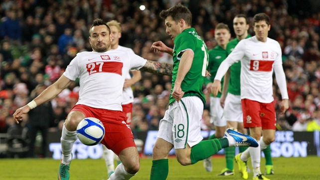 Wes Hoolahan scores Ireland's second goal in their 2-0 friendly win over Poland at Lansdowne Road