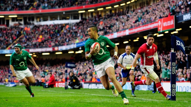 Simon Zebo scores Ireland's opening try in their Six Nations victory over Wales in Cardiff