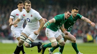 Joe Launchbury of England with Ireland's Peter O'Mahony and Cian Healy
