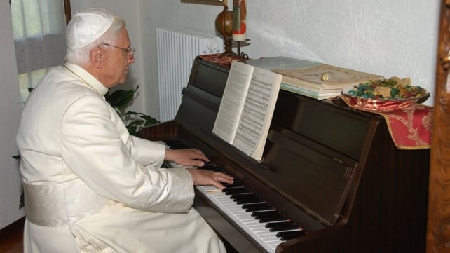 Benedict plays piano at his summer residence in July 2006 in Les Combes, Val D'Aosta, Italy