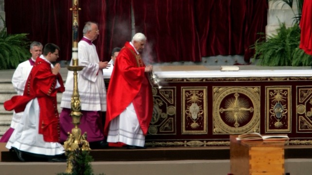 Cardinal Ratzinger swings an incense burner during John Paul II's funeral in April 2005