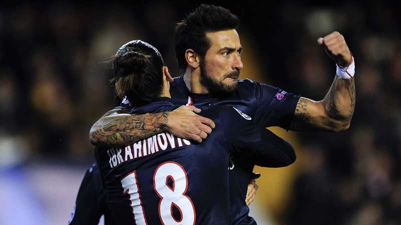 Ezequiel Lavezzi celebrates his goal with Zlatan Ibrahimovic