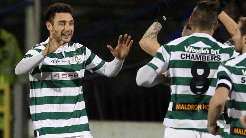 Mark Quigley celebrates after giving Shamrock Rovers an early lead in Coleraine