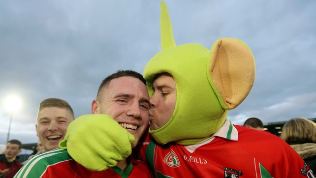 Ballymun Kickhams' Davey Byrne celebrates with fan Darragh Joyce after their All-Ireland Club SFC semi-final win over Dr Crokes in February