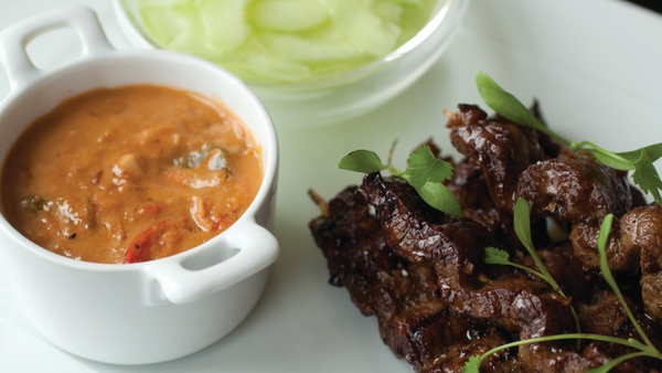 Beef satay with pickled cucumber