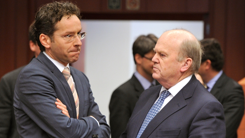 Finance Minister Michael Noonan speaks to Dutch Finance Minister and Eurozone President Jeroen Dijsselbloem ahead of the Cyprus talks