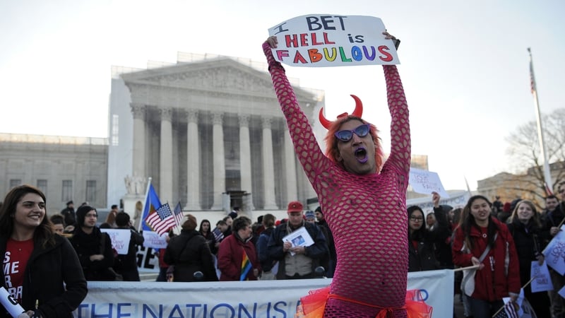 Supporters of same-sex marriage gather in front of the US Supreme Court