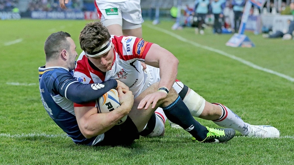 Leinster's Dave Kearney fails to stop Robbie Diack of Ulster crashing over for a try