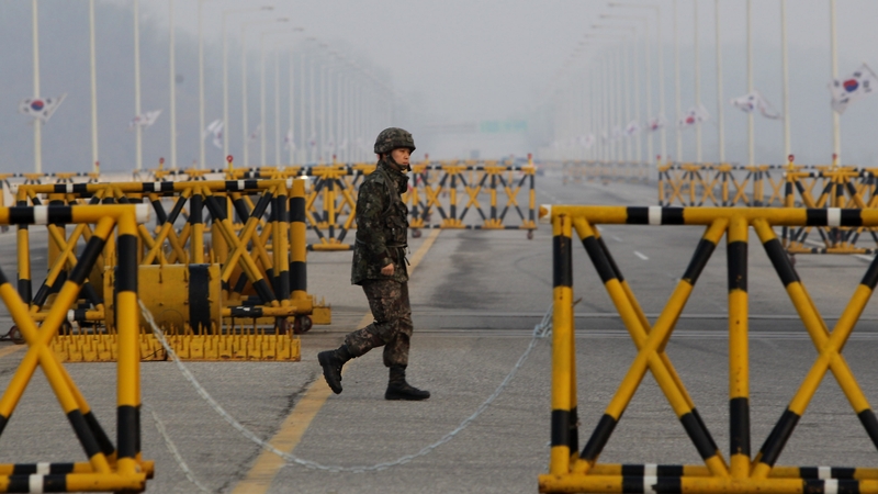 A South Korean soldier stands at the checkpoint in Paju, South Korea
