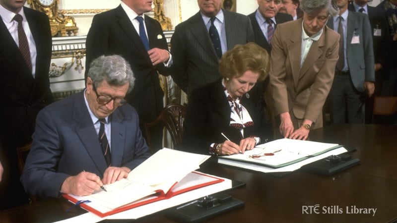 Taoiseach Garret FitzGerald and British prime minister Margaret Thatcher at the signing of the Anglo-Irish Agreement on 15 November 1985. Photo: RTÉ Stills Library