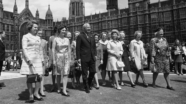British PM Edward Heath with 13 of the 15 newly elected Conservative women MPs outside the House of Commons in London in 1970