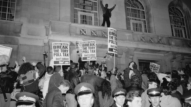 Police and protestors at a demonstration against the Poll Tax, in Hackney, London on 8 March 1990