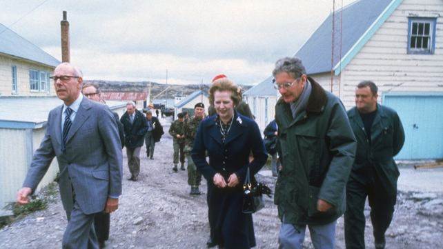 Mrs Thatcher and her husband Denis visiting Stanley Junior School, in the Falkland Islands in 1983