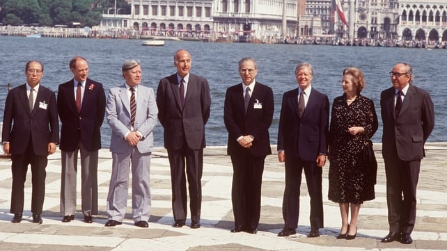(L-R) Japan Foreign Minister Saburo Okita, Canadian PM Pierre Elliott Trudeau, German Chancellor Helmut Schmidt, French President Valery Giscard d'Estaing, Italian Premier Francesco Cossiga, US President Jimmy Carter, Margaret Thatcher and Roy Jenkins, Pr