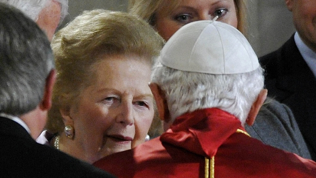 Pope Benedict greets Mrs Thatcher during an address to the Civil Society in the Houses of Parliament in 2010