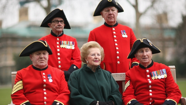Mrs Thatcher sits with Chelsea Pensioners ahead at the naming of the new Margaret Thatcher Infirmary at the Royal Chelsea Hospital in 2008