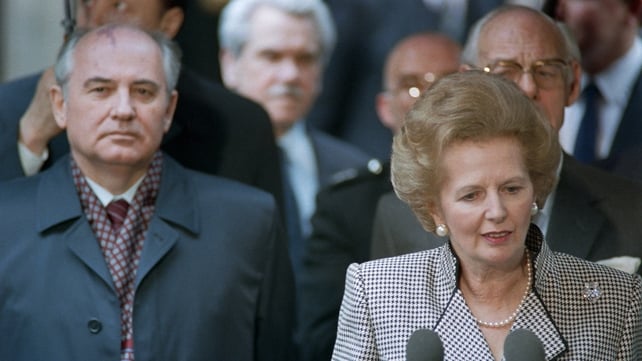 Soviet Leader Mikhail Gorbachev listens to Mrs Thatcher's speech in London on 6 April 1989