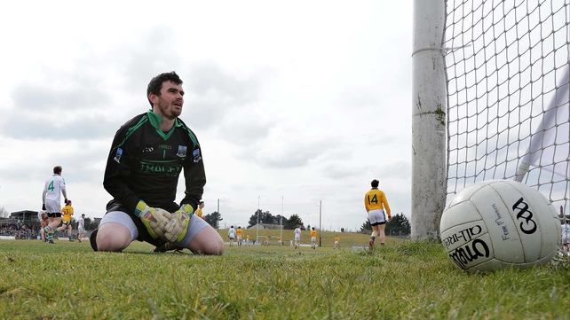 Fermanagh goalkeeper Chris Snow can't stop Michael Newman's penalty for Meath in the Allianz Football league match in Navan