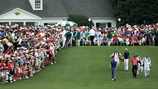 Ian Poulter, Bubba Watson and Steven Fox walk up the fairway on the first hole
