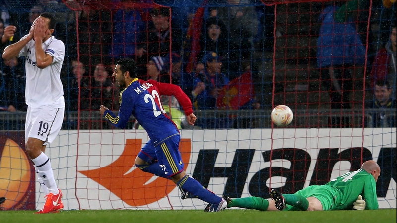 Spurs' Moussa Dembele holds his head in his hands as Mohamed Salah scores for Basel
