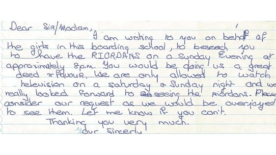 Letter from Boarding School about The Riordans (1977)