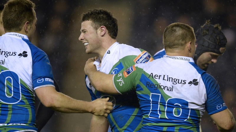 Connacht's Robbie Henshaw celebrates scoring his try in Edinburgh