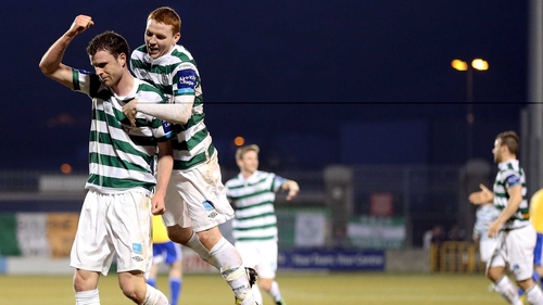 Ciaran Kilduff and Danny Ledwith celebrate as Rovers romped to victory over Bray